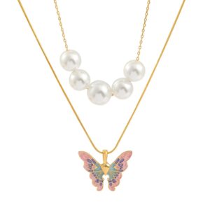 Pearl Butterfly Necklaces for Women - Dainty Enamel Fairy Butterfly Pendant Faux Pearl Collar Choker Necklace Set (Gold Plated Color)