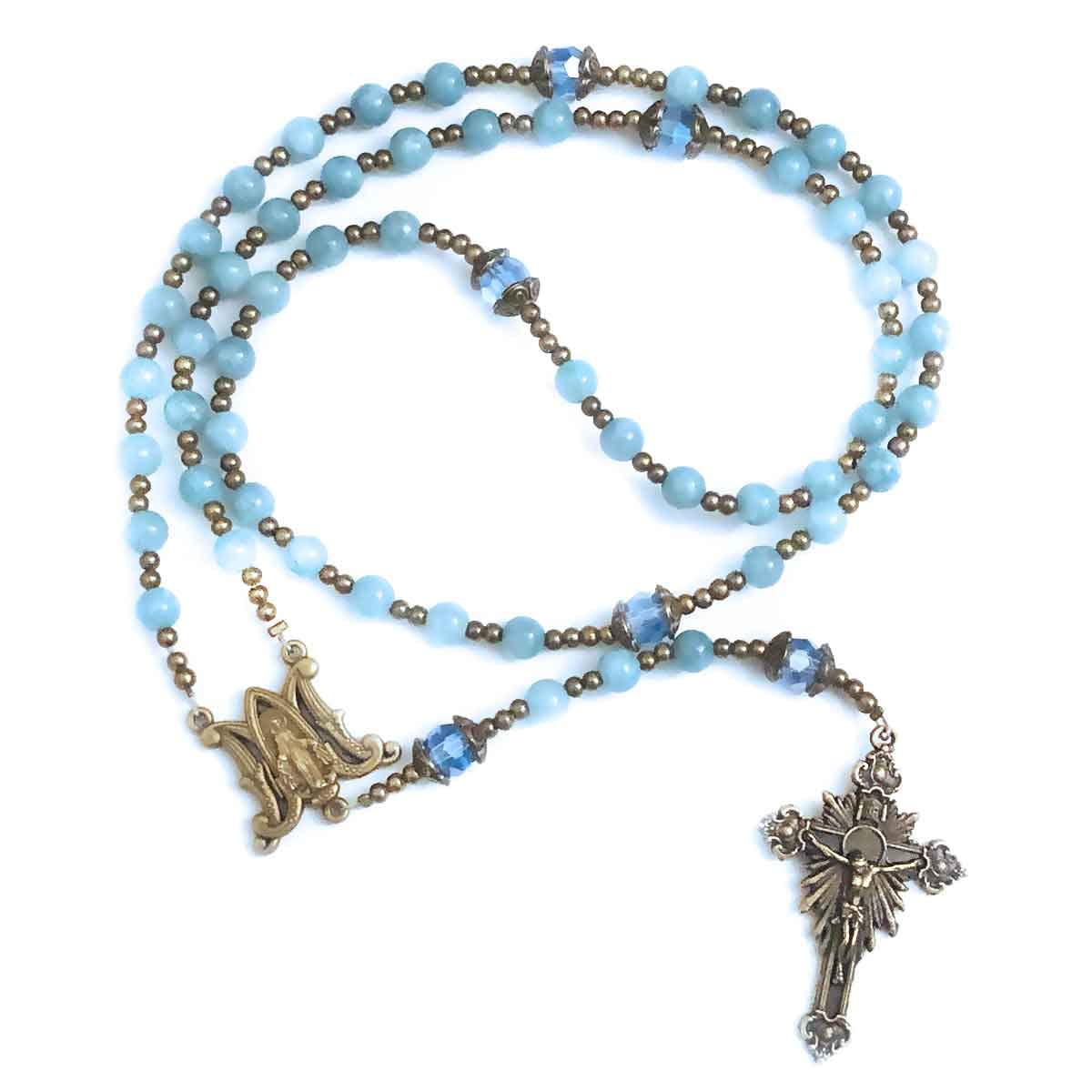 Our Lady of Grace Aquamarine Jade Stone Rosary Beads Catholic for Women and Rosary Bracelet for Women Set,Rosary & Miraculous Medal Bracelet,Catholic Rosary, Stone, Amethyst