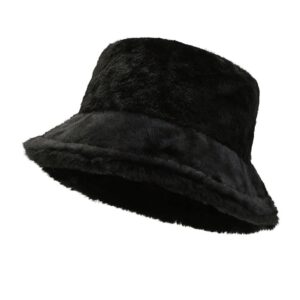 Women Plush Fluffy Bucket Hat Warm Lining Winter Faux Fur Cozy Wide Brim Winter (Black)