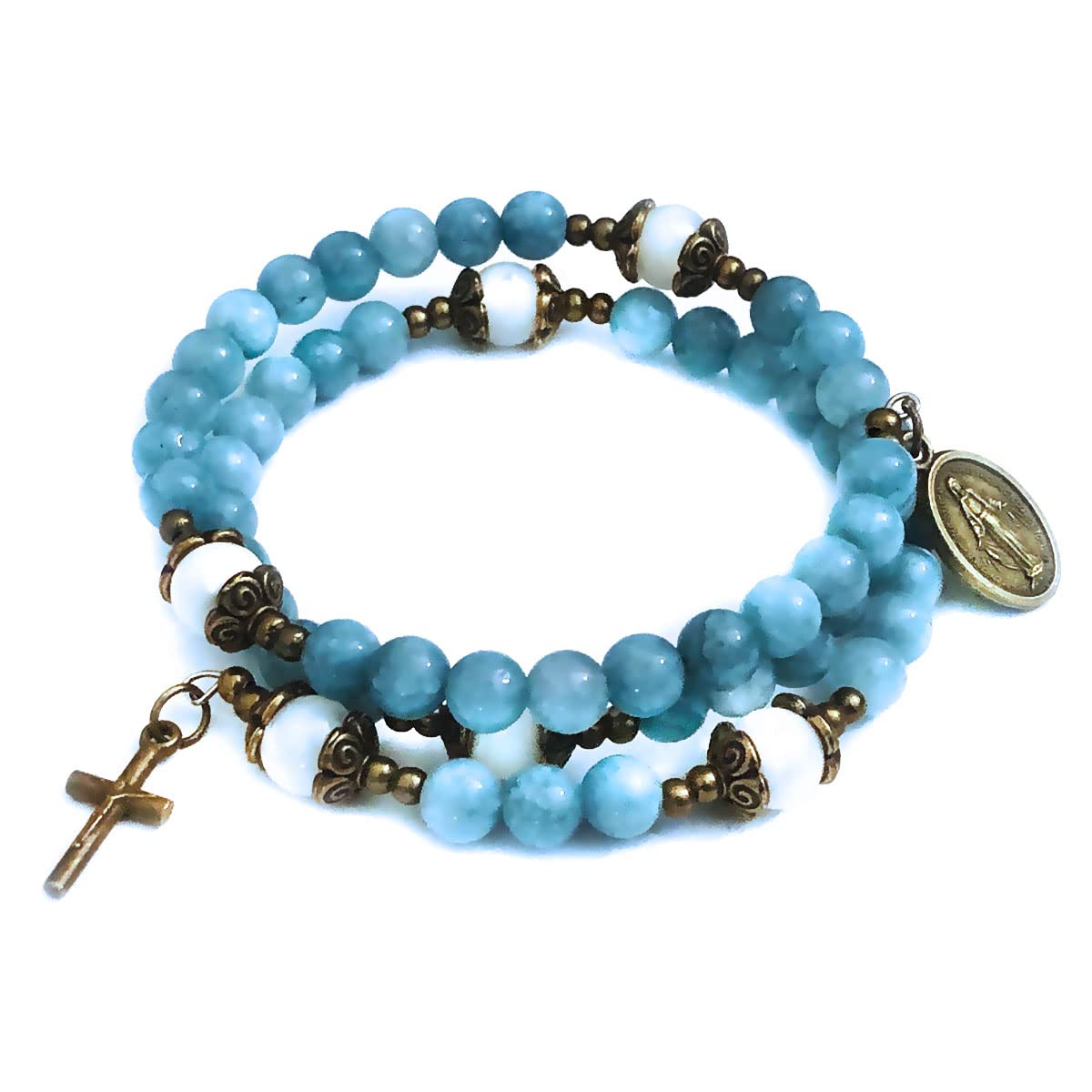 Our Lady of Grace Aquamarine Jade Stone Rosary Beads Catholic for Women and Rosary Bracelet for Women Set,Rosary & Miraculous Medal Bracelet,Catholic Rosary, Stone, Amethyst