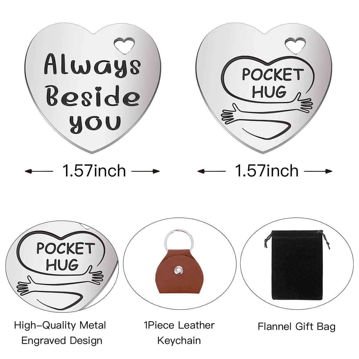 Inspirational Pocket Hug Token Gift, Long Distance Relationship Keepsake Stainless Steel Double Sided Little Heart Shaped Pocket Hug Token Gift for Friends Lovers BFF Daughter Son-Always Beside You