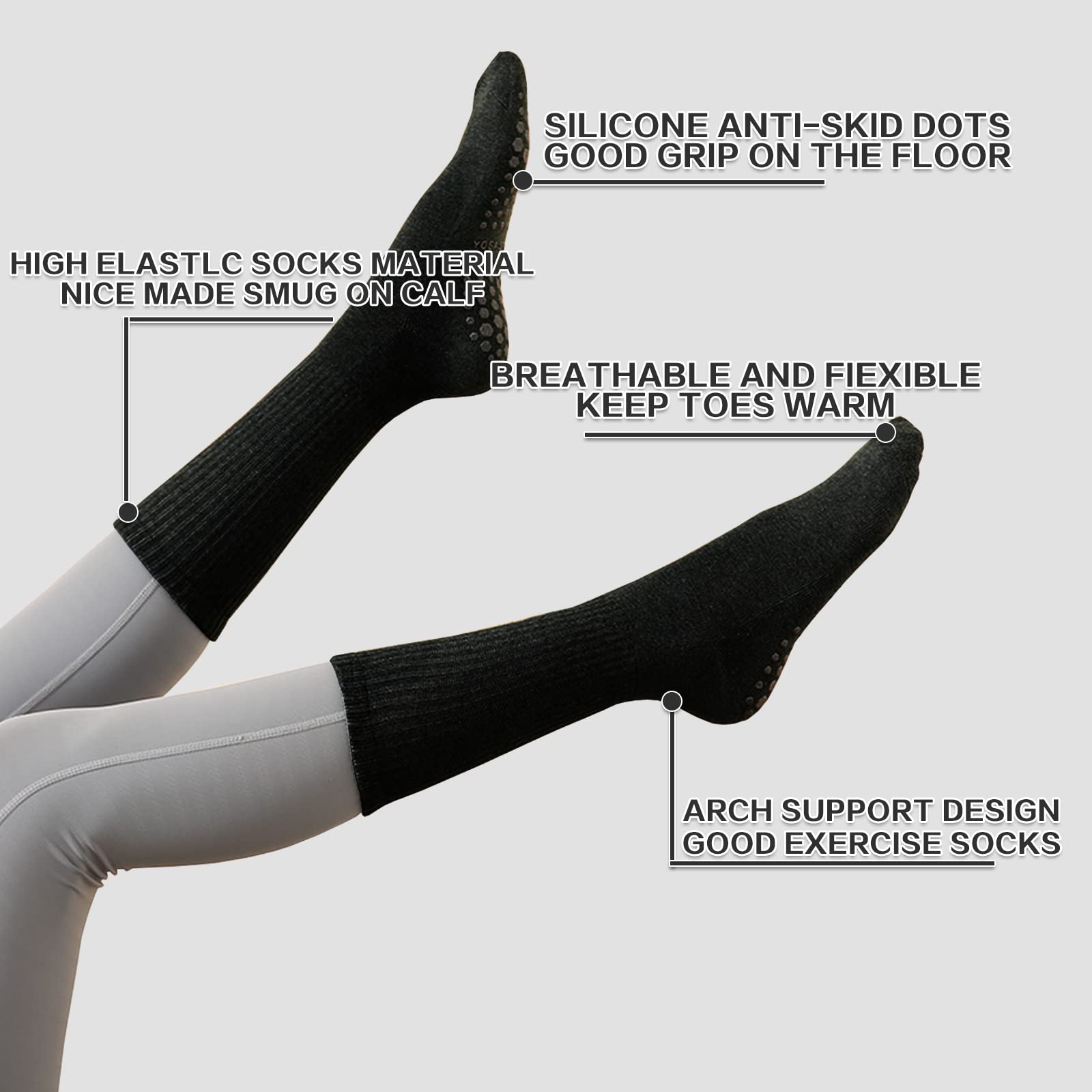 JCZANXI Womens Yoga Socks with Grips, Non Slip Grippy Socks for Pilates, Barre, Dance, Ballet | Ideal Cushioned Crew Socks (Black/Beige, 2 Pairs)