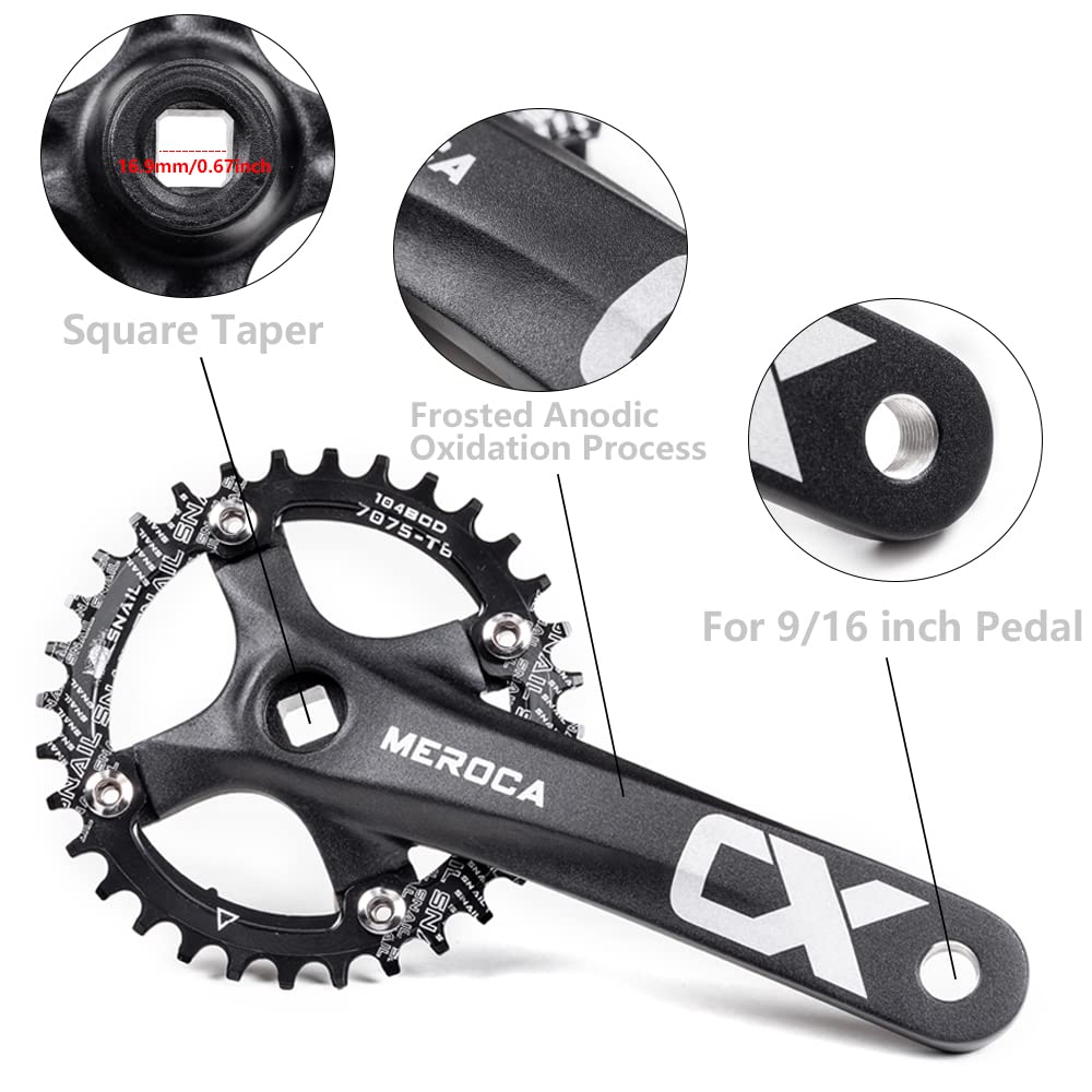 Cyclon Single Speed Square Taper Crankset, 170mm Mountain Bike Crankset with 104BCD 32T/34T/36T/38T/40T/42T Narrow Wide Tooth Round Black Chainring, Replacement for Bicycle Crank Arm Set MTB Crankset