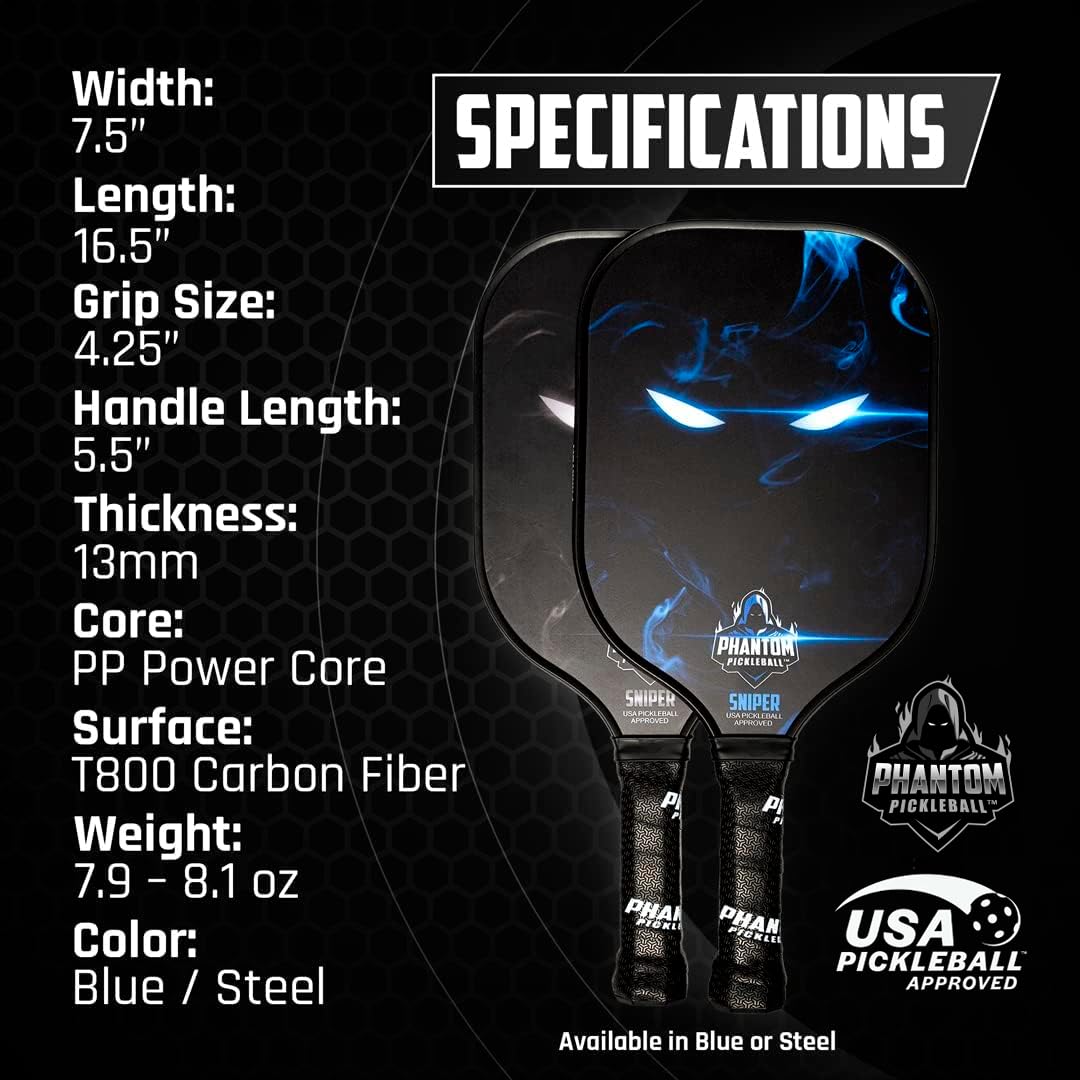 Phantom Sniper 13mm Carbon Fiber Elongated Body Pickleball Paddles - Max Grit and Spin - USAPA Approved – Pickleball Rackets - Pickle-Ball Equipment with Polypropylene Core – Lightweight (Steel)