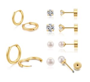 minimalist earring sets for multiple piercing|14k gold plated flat screw back studs and hoops set for women:small hoops,flat back pearl and cz earrings studs for cartilage,helix,lobe,pack of 6 pairs