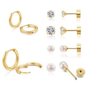 Minimalist Earring Sets for Multiple Piercing|14K Gold Plated Flat Screw Back Studs and Hoops Set for Women:Small Hoops,Flat back Pearl and CZ Earrings Studs for Cartilage,Helix,Lobe,Pack of 6 Pairs