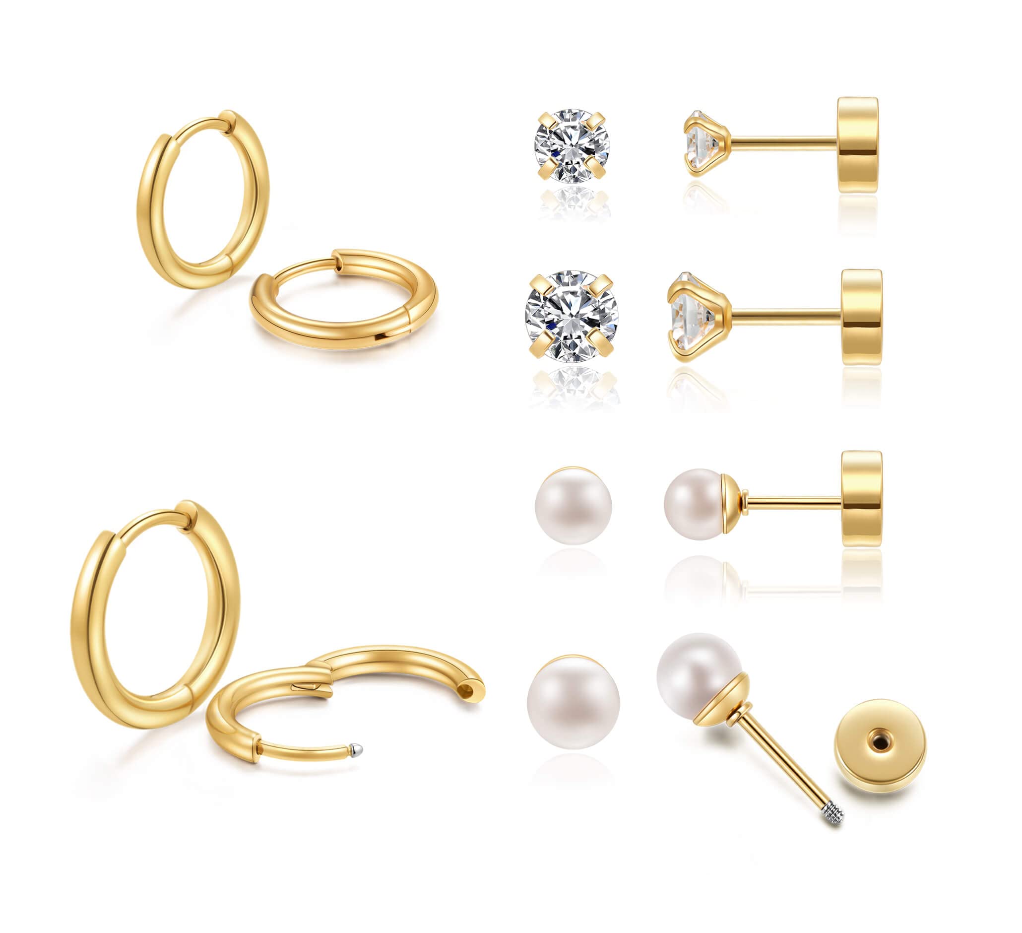 Minimalist Earring Sets for Multiple Piercing|14K Gold Plated Flat Screw Back Studs and Hoops Set for Women:Small Hoops,Flat back Pearl and CZ Earrings Studs for Cartilage,Helix,Lobe,Pack of 6 Pairs