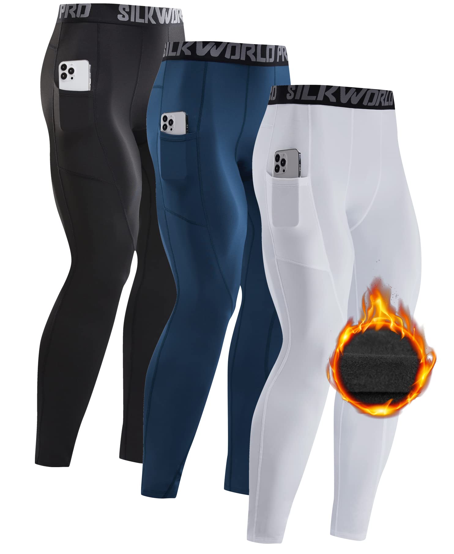 SILKWORLD Men's Thermal Underwear Compression Pants Fleece Lined Workout Leggings with Poackets Sports Yoga Baselayer,C3_Fleece Lined_3pack_Black,White,Navy Blue,Large