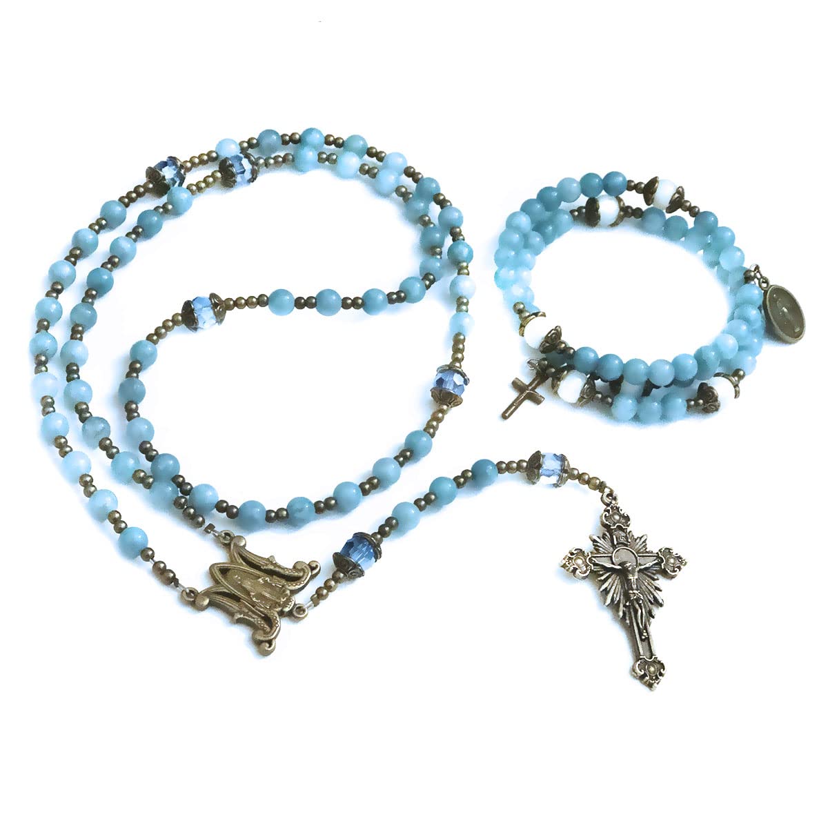 Our Lady of Grace Aquamarine Jade Stone Rosary Beads Catholic for Women and Rosary Bracelet for Women Set,Rosary & Miraculous Medal Bracelet,Catholic Rosary, Stone, Amethyst