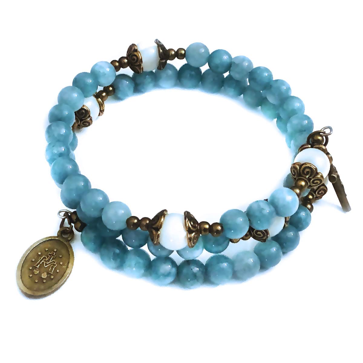 Our Lady of Grace Aquamarine Jade Stone Rosary Beads Catholic for Women and Rosary Bracelet for Women Set,Rosary & Miraculous Medal Bracelet,Catholic Rosary, Stone, Amethyst