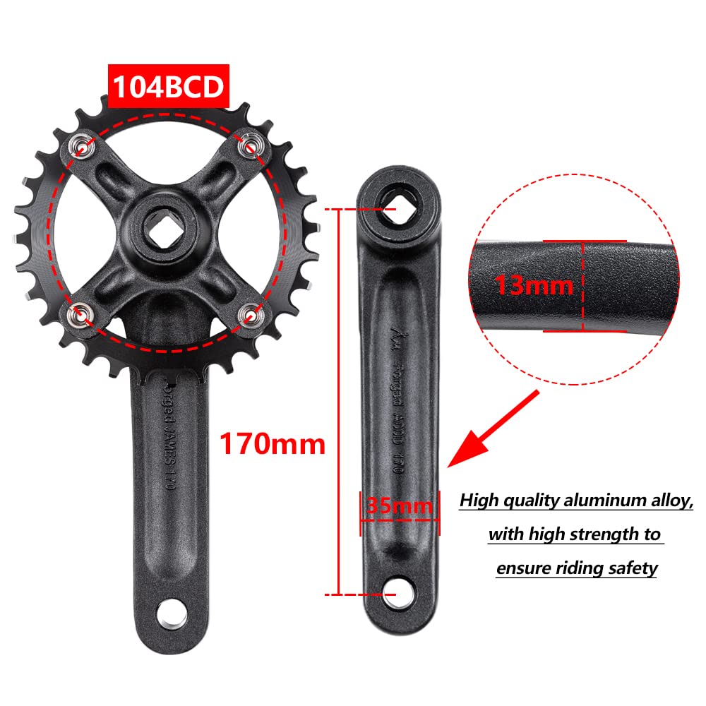 Cyclon Single Speed Square Taper Crankset, 170mm Mountain Bike Crankset with 104BCD 32T/34T/36T/38T/40T/42T Narrow Wide Tooth Round Black Chainring, Replacement for Bicycle Crank Arm Set MTB Crankset