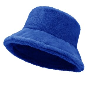 women plush fluffy bucket hat warm lining winter faux fur cozy wide brim winter (royal blue)