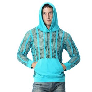 Men's Fishnet Hoodie Shirt Striped Mesh Sheer See Thru Muscle Top Gym Workout Active Shirts Summer Baggy Loose Tee Shirts Blue - Long Sleeve X-Large