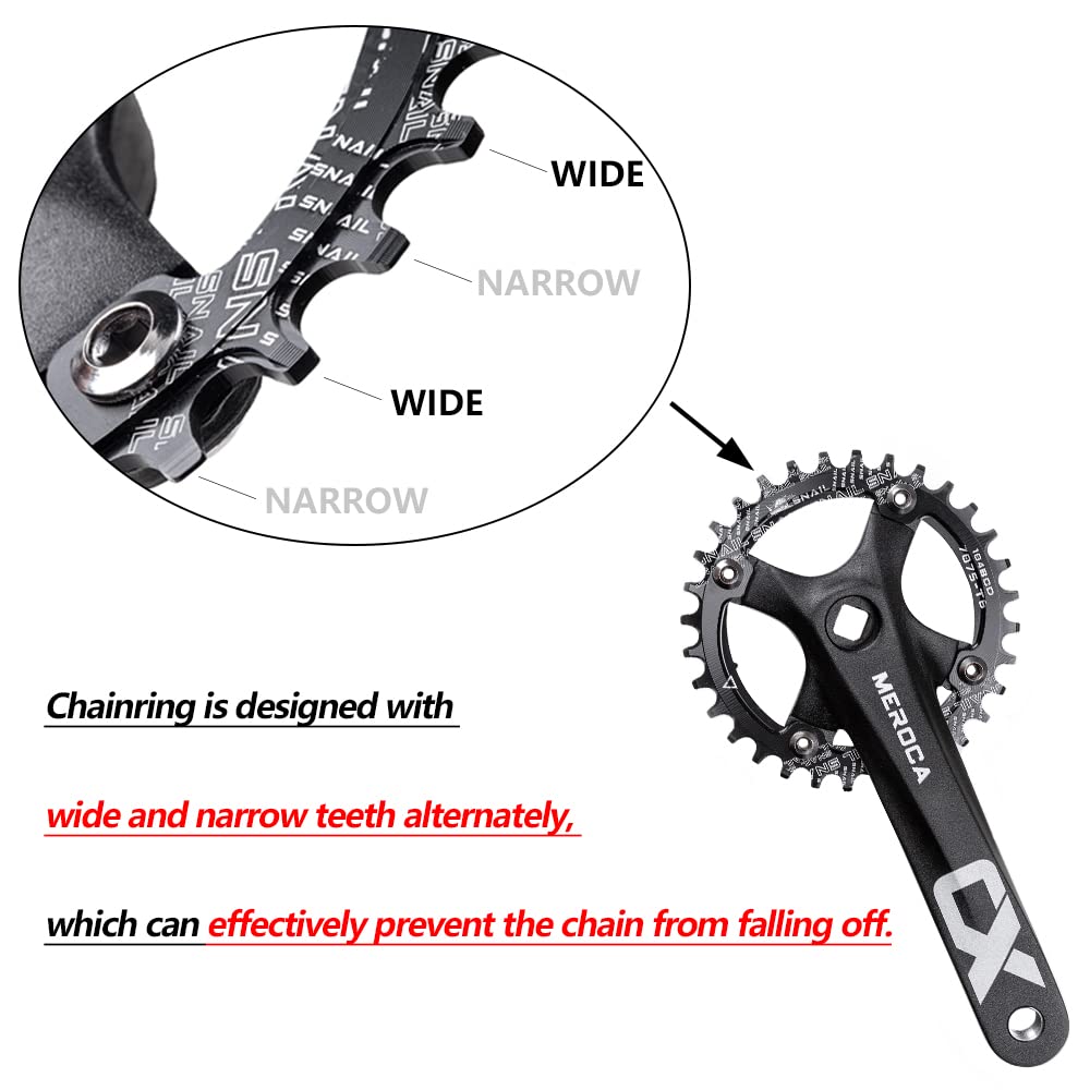 Cyclon Single Speed Square Taper Crankset, 170mm Mountain Bike Crankset with 104BCD 32T/34T/36T/38T/40T/42T Narrow Wide Tooth Round Black Chainring, Replacement for Bicycle Crank Arm Set MTB Crankset