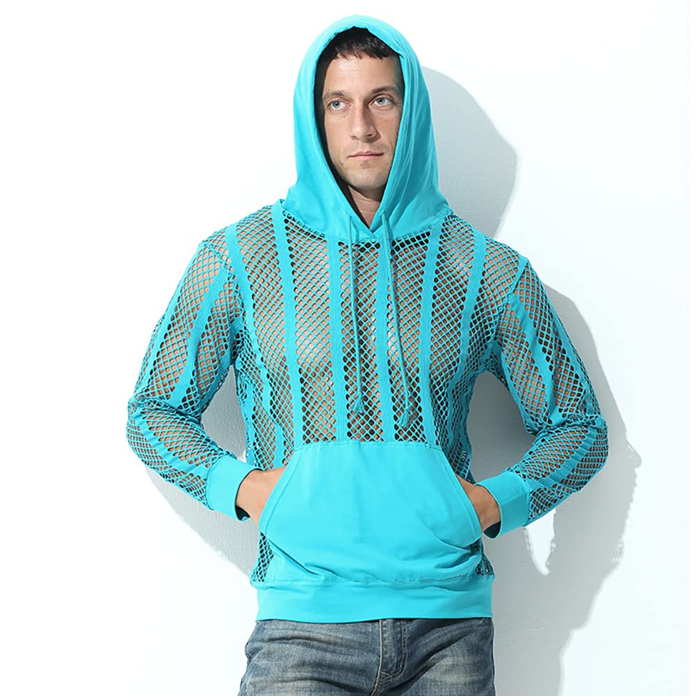 Men's Fishnet Hoodie Shirt Striped Mesh Sheer See Thru Muscle Top Gym Workout Active Shirts Summer Baggy Loose Tee Shirts Blue - Long Sleeve X-Large