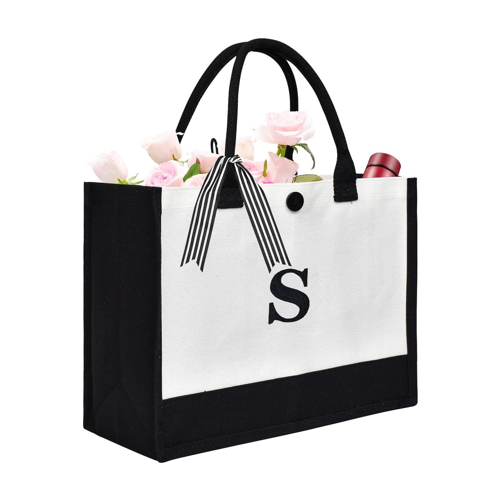 MRYUWB Large Personalized Initial Nature Canvas Gift Tote Bag for Women Wedding Birthday Bag, Monogram Embroidery Beach Bag (Initial S)