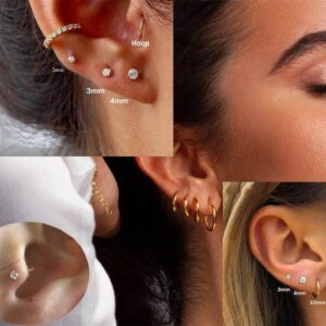 Minimalist Earring Sets for Multiple Piercing|14K Gold Plated Flat Screw Back Studs and Hoops Set for Women:Small Hoops,Flat back Pearl and CZ Earrings Studs for Cartilage,Helix,Lobe,Pack of 6 Pairs