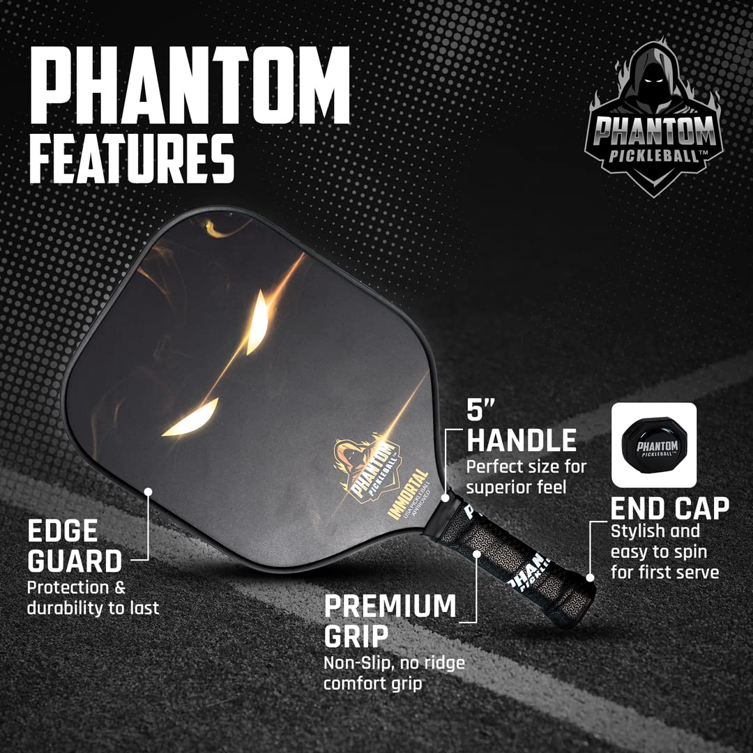 Phantom Immortal Carbon Fiber Wide Body Pickleball Paddles - Max Grit and Spin - USAPA Approved – Pickleball Rackets - Pickle-Ball Equipment with Polypropylene Core – Lightweight (Gold)