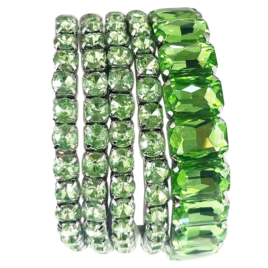 Rosemarie & Jubalee Women's Stunning Statement Set Of 5 Colorful Crystal Rhinestone Stretch Bracelets, 6.75" (Green Crystal Silver Tone)