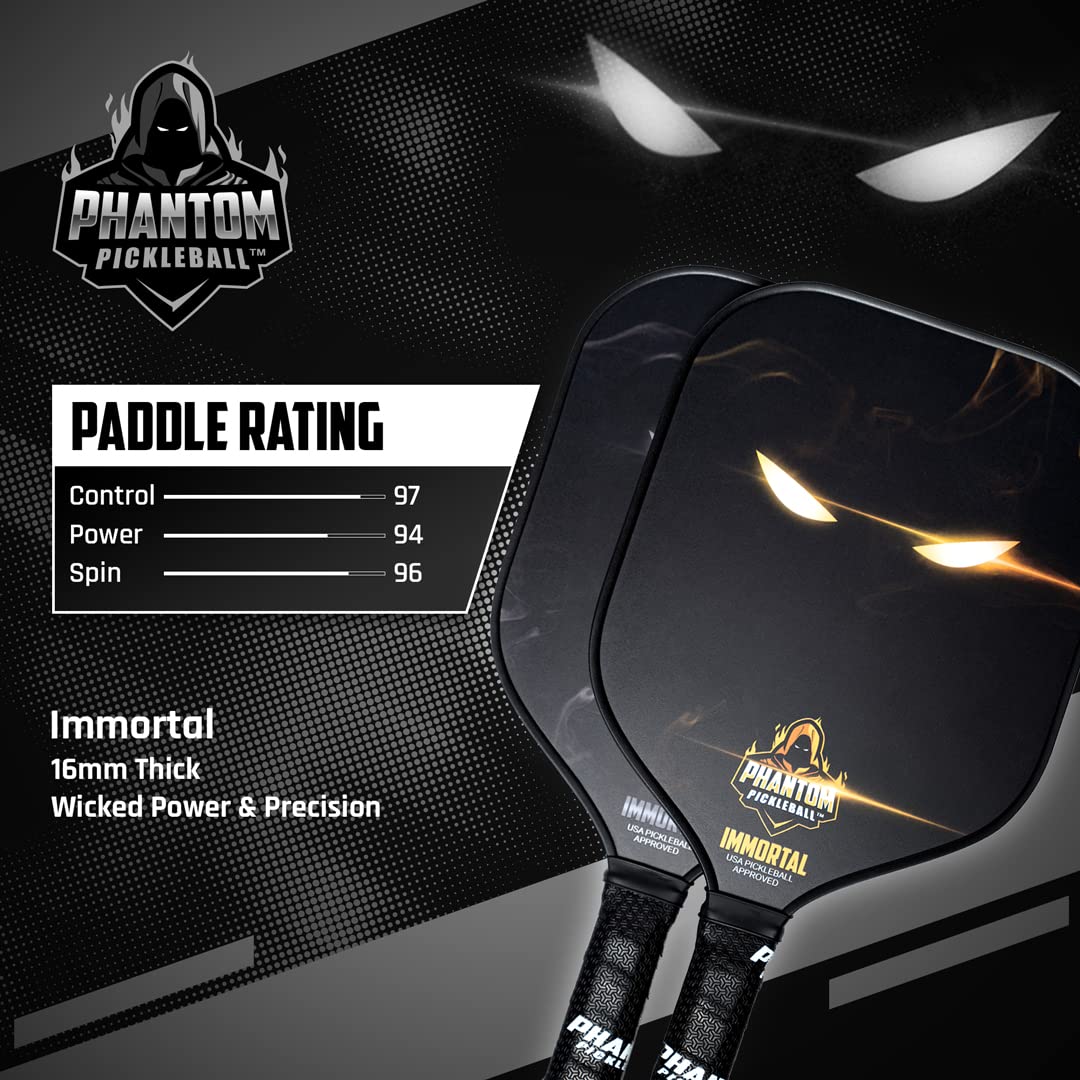 Phantom Immortal Carbon Fiber Wide Body Pickleball Paddles - Max Grit and Spin - USAPA Approved – Pickleball Rackets - Pickle-Ball Equipment with Polypropylene Core – Lightweight (Gold)