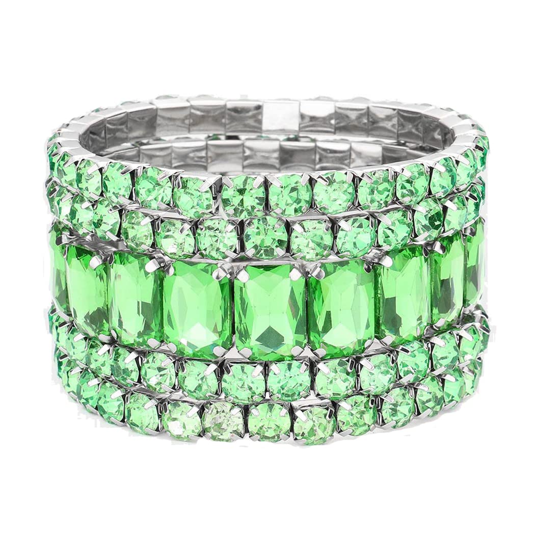 Rosemarie & Jubalee Women's Stunning Statement Set Of 5 Colorful Crystal Rhinestone Stretch Bracelets, 6.75" (Green Crystal Silver Tone)