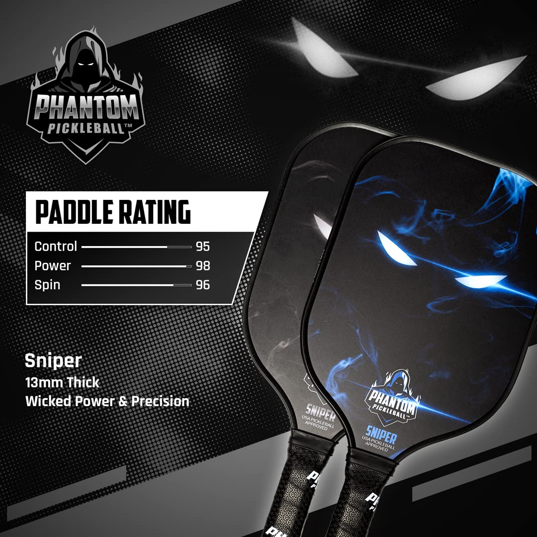 Phantom Sniper 13mm Carbon Fiber Elongated Body Pickleball Paddles - Max Grit and Spin - USAPA Approved – Pickleball Rackets - Pickle-Ball Equipment with Polypropylene Core – Lightweight (Steel)