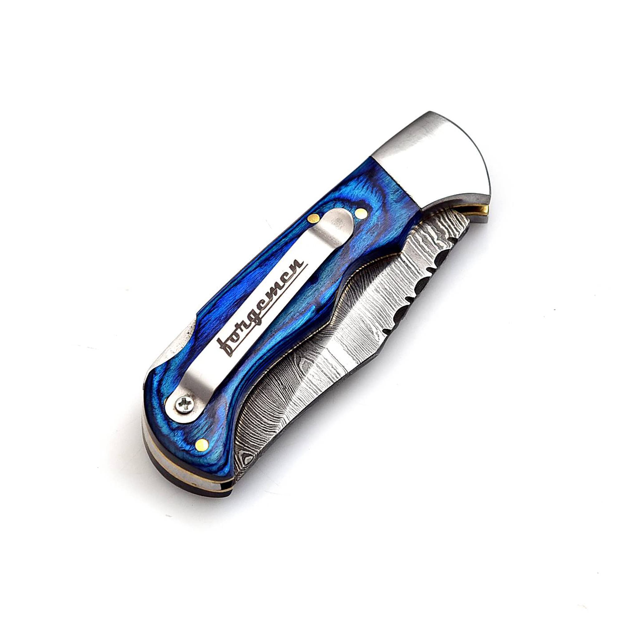 Forgemen FM807 Pocket knife, Folding Clip Damascus Handmade Custom for Men Cool Good Camping Hunting Fishing & s Activities EDC Knives Leather Sheath Knife., Blue (Blue)