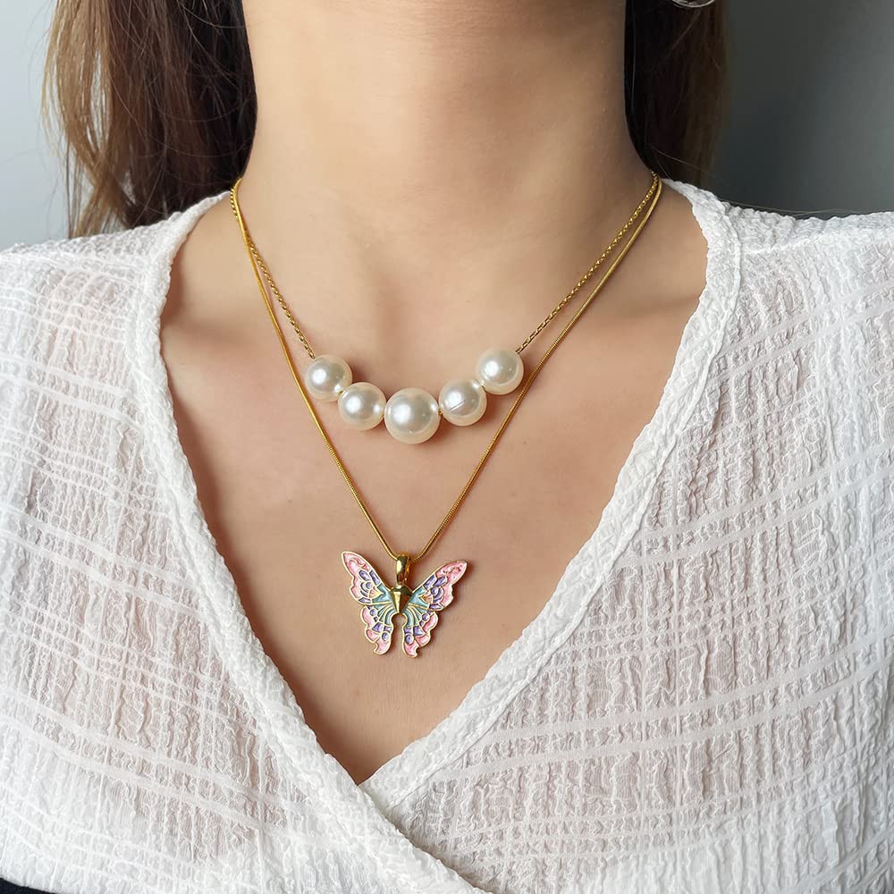 Pearl Butterfly Necklaces for Women - Dainty Enamel Fairy Butterfly Pendant Faux Pearl Collar Choker Necklace Set (Gold Plated Color)