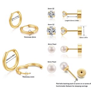 Minimalist Earring Sets for Multiple Piercing|14K Gold Plated Flat Screw Back Studs and Hoops Set for Women:Small Hoops,Flat back Pearl and CZ Earrings Studs for Cartilage,Helix,Lobe,Pack of 6 Pairs