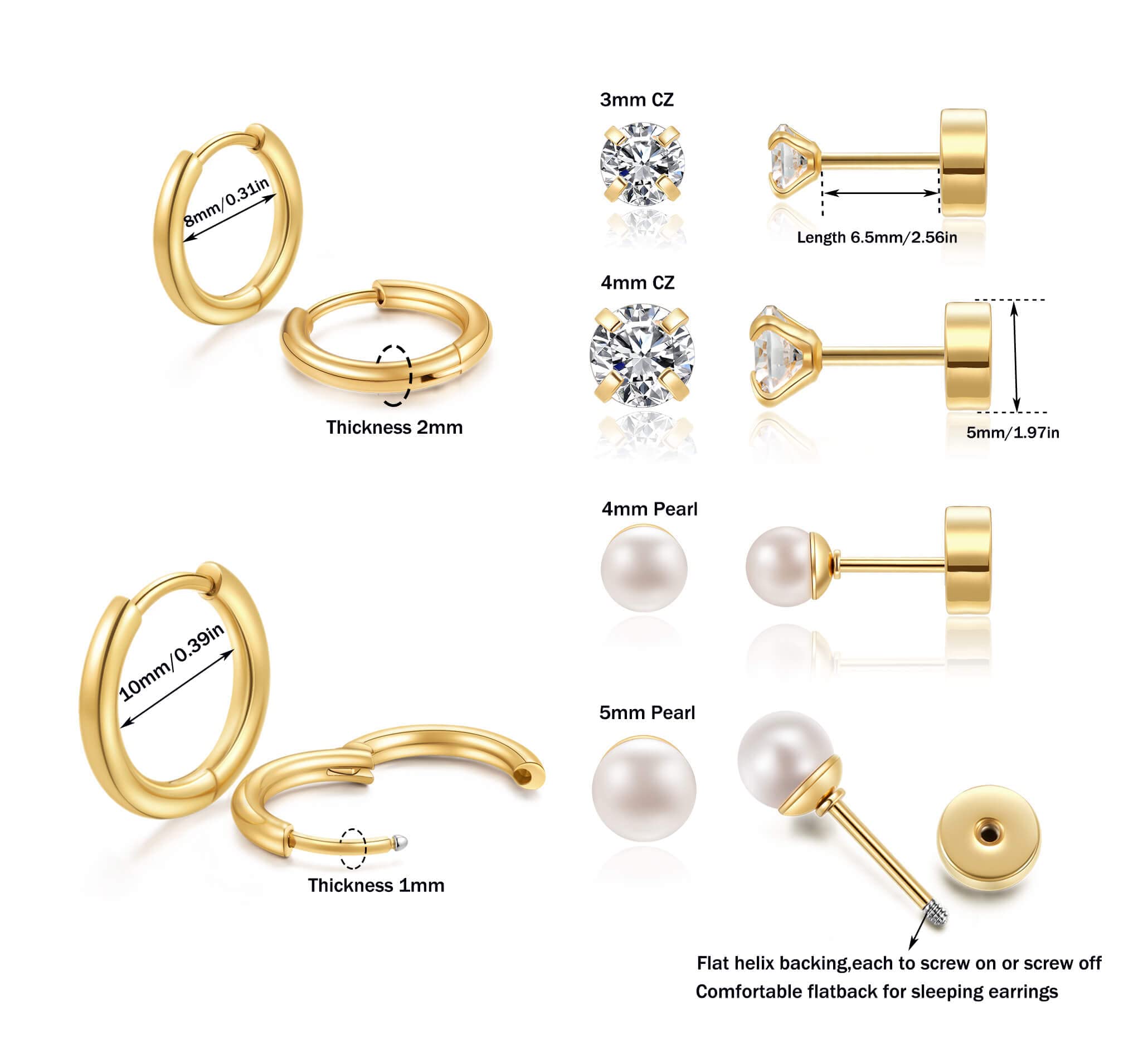 Minimalist Earring Sets for Multiple Piercing|14K Gold Plated Flat Screw Back Studs and Hoops Set for Women:Small Hoops,Flat back Pearl and CZ Earrings Studs for Cartilage,Helix,Lobe,Pack of 6 Pairs