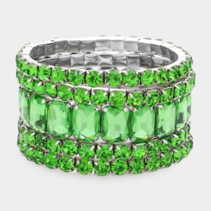 Rosemarie & Jubalee Women's Stunning Statement Set Of 5 Colorful Crystal Rhinestone Stretch Bracelets, 6.75" (Green Crystal Silver Tone)