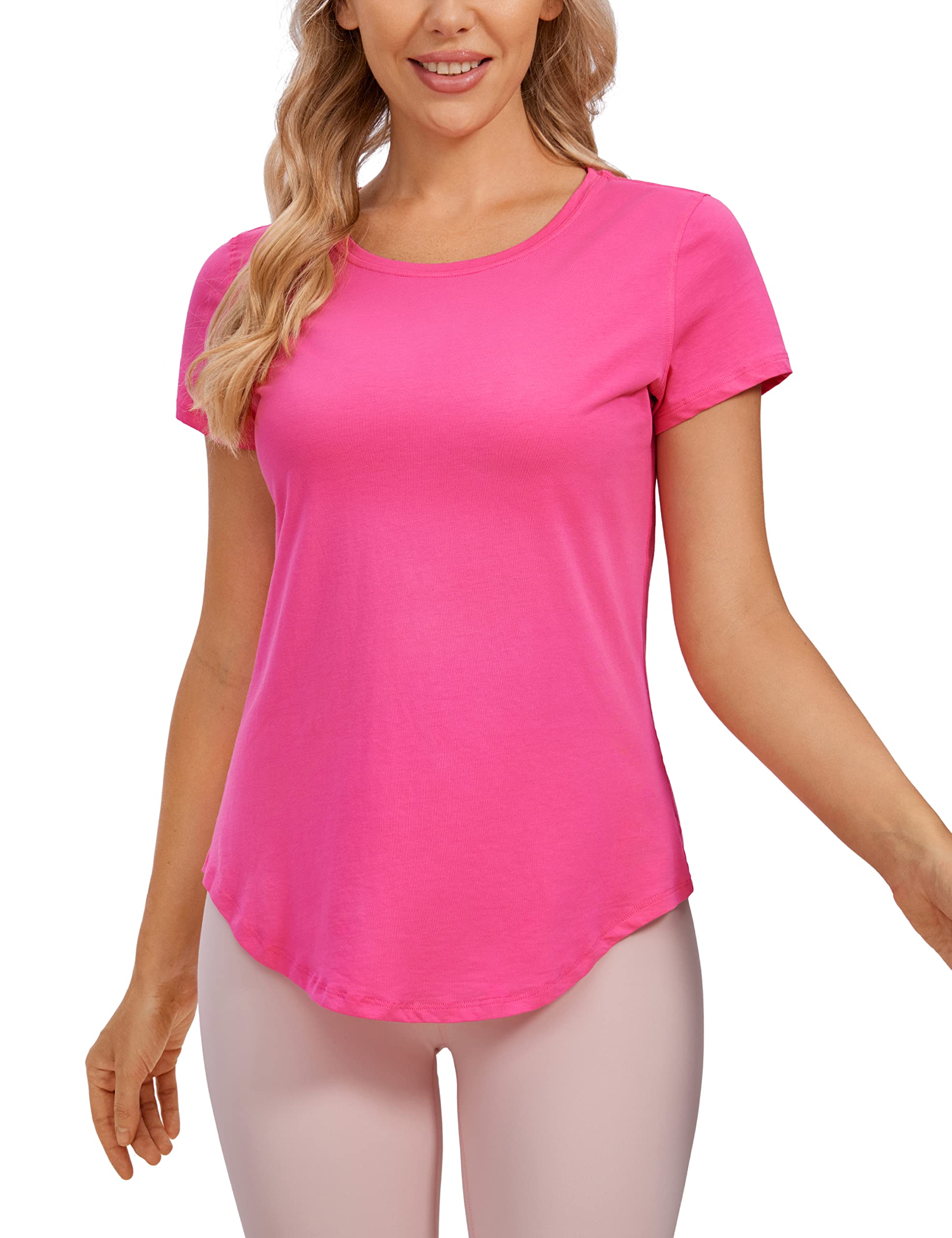 CRZ YOGA Pima Cotton Womens Short Sleeve Shirt Loose Yoga T-Shirt Casual Tee Top Sonic Pink Medium