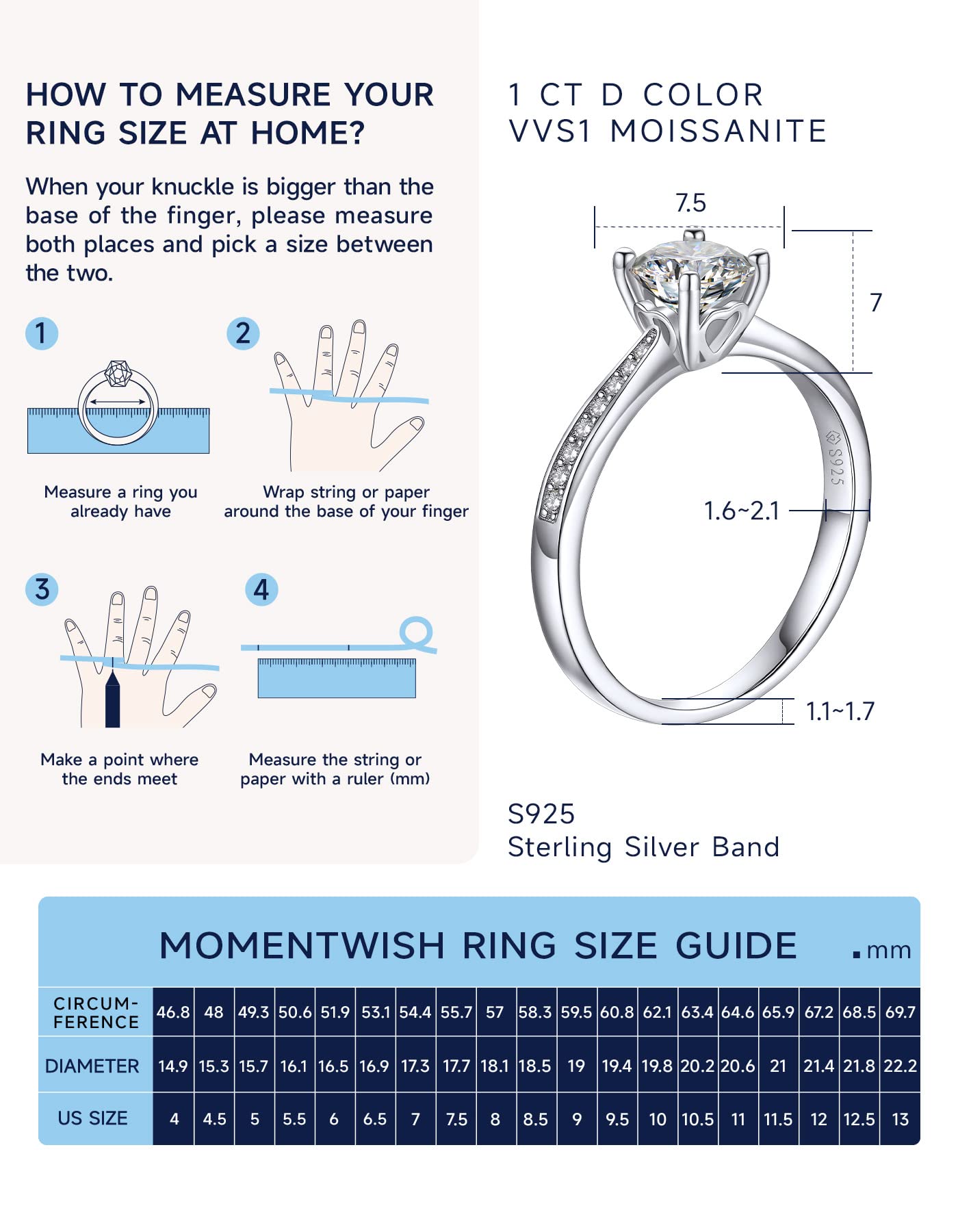 MomentWish Promise Rings for Her, 1Carat Moissanite, D Color VVS1 Simulated Diamond 925 Sterling Silver Accent Rings-Size6