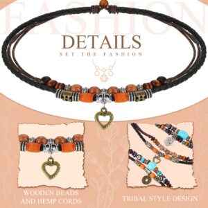 3 Pcs Western Layered Boho Wood Beads Choker Necklace Adjustable Vintage Leather Necklace Bead Choker Boho Jewelry for Women