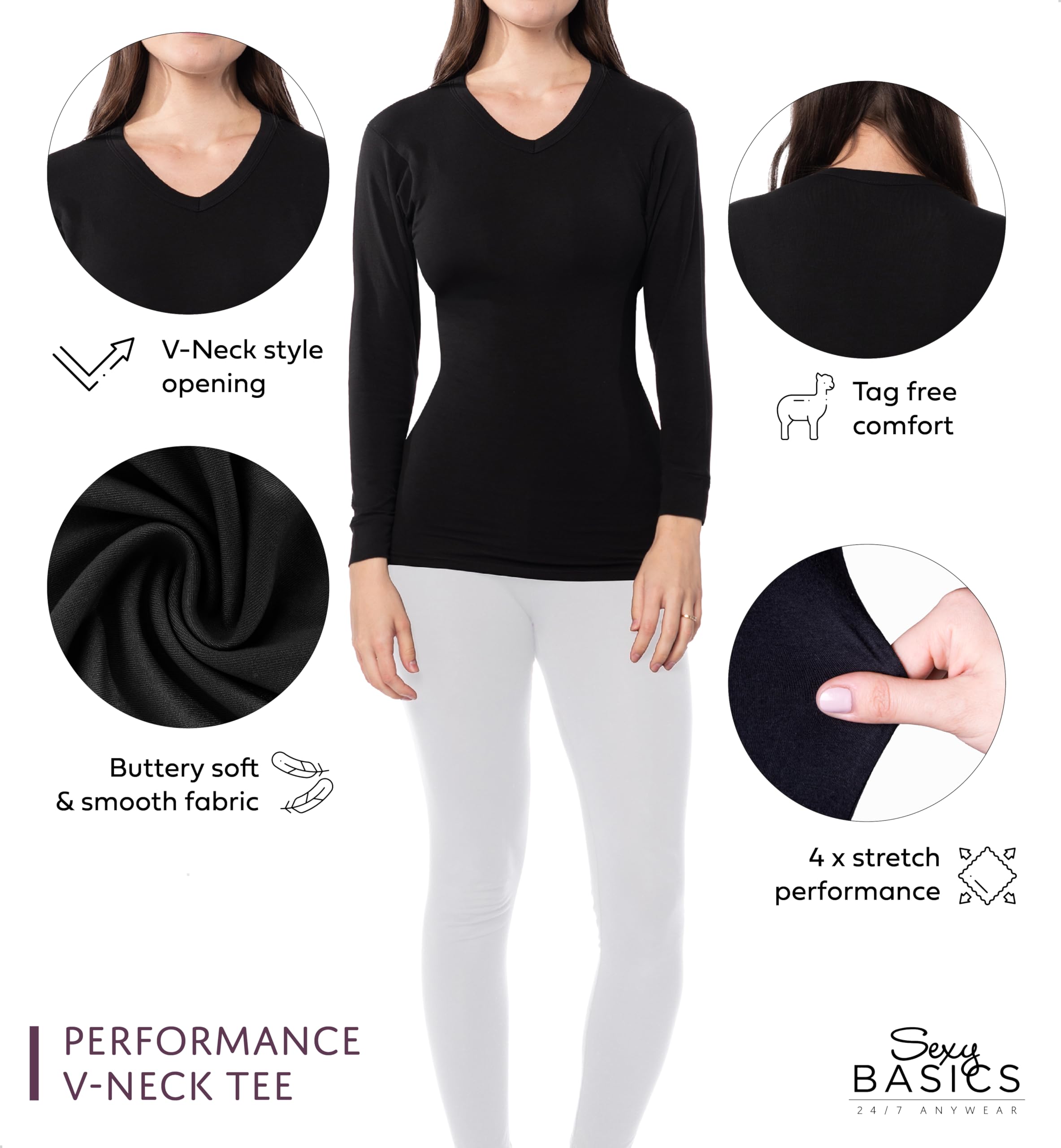 Womens Ultra Soft Midweight Baselayer Top | All Season V Neck Long Sleeve Shirt | Multi Packs