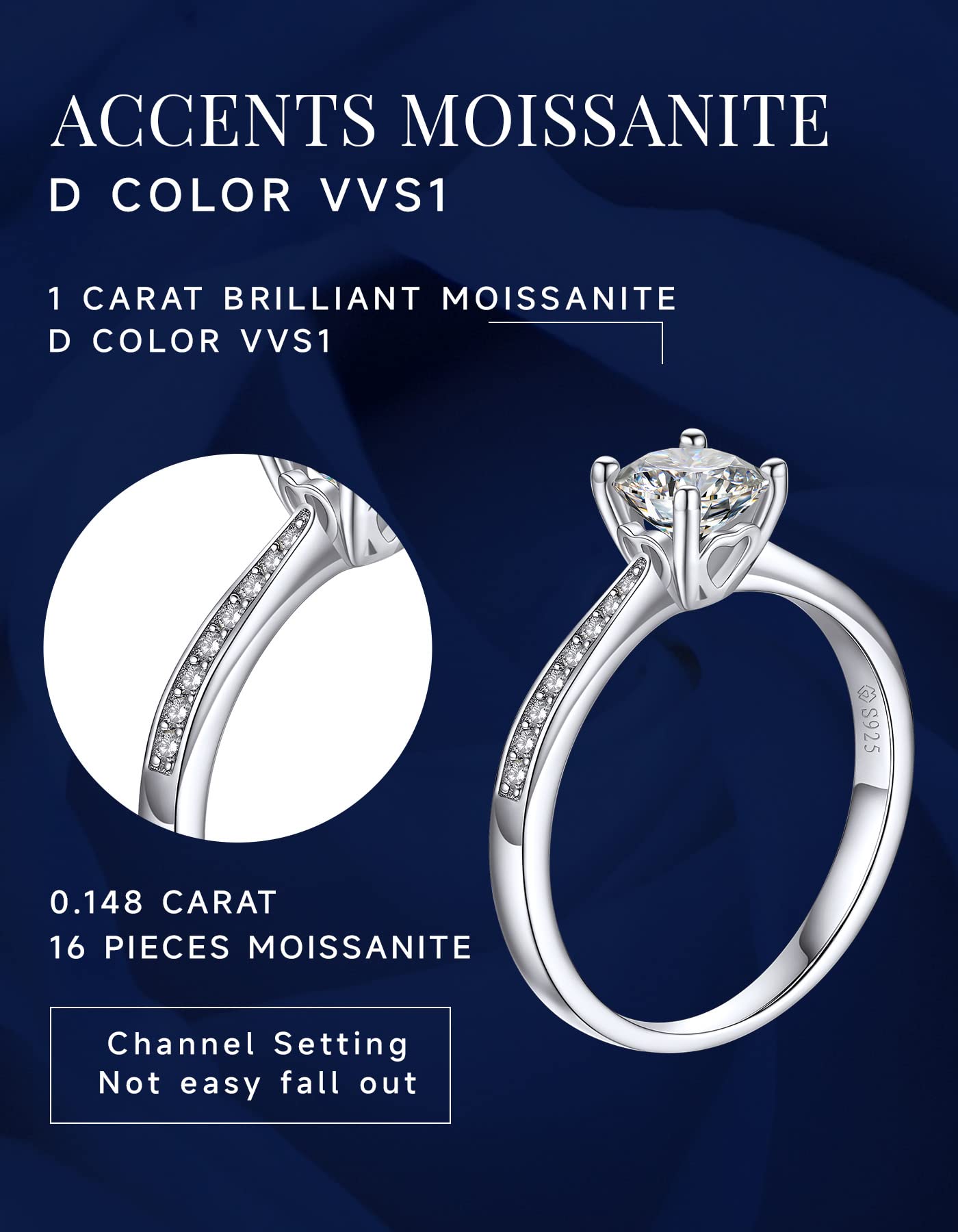 MomentWish Promise Rings for Her, 1Carat Moissanite, D Color VVS1 Simulated Diamond 925 Sterling Silver Accent Rings-Size6