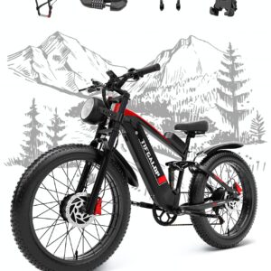 tifgalop Adult Electric Bike, 2000W Motor Maximum Speed 37MPH and 52V 22Ah Detachable Lithium Battery, Maximum Range 80km, 26 Inch Fat Tire Mountain Snow Beach Electric Bike