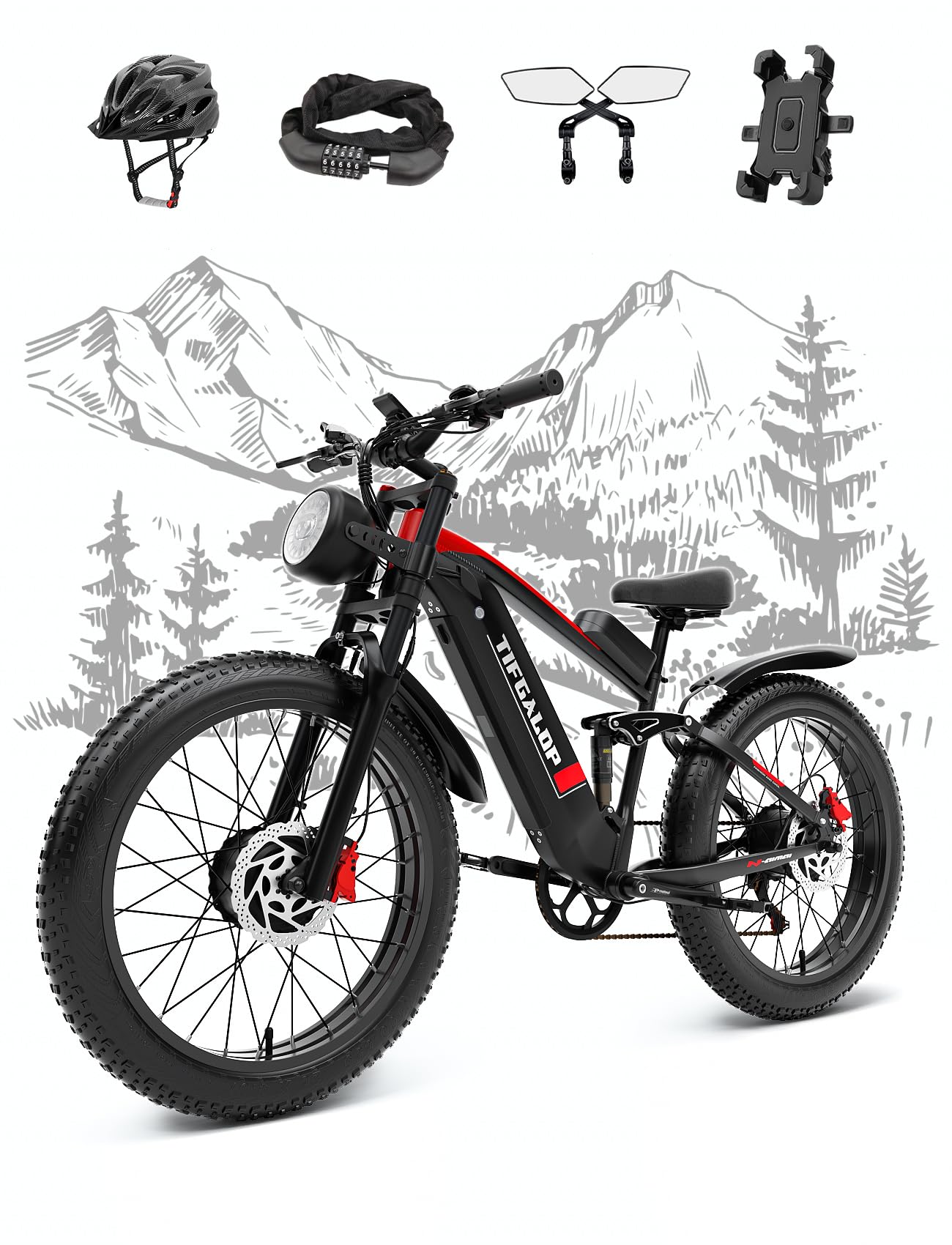 tifgalop Adult Electric Bike, 2000W Motor Maximum Speed 37MPH and 52V 22Ah Detachable Lithium Battery, Maximum Range 80km, 26 Inch Fat Tire Mountain Snow Beach Electric Bike