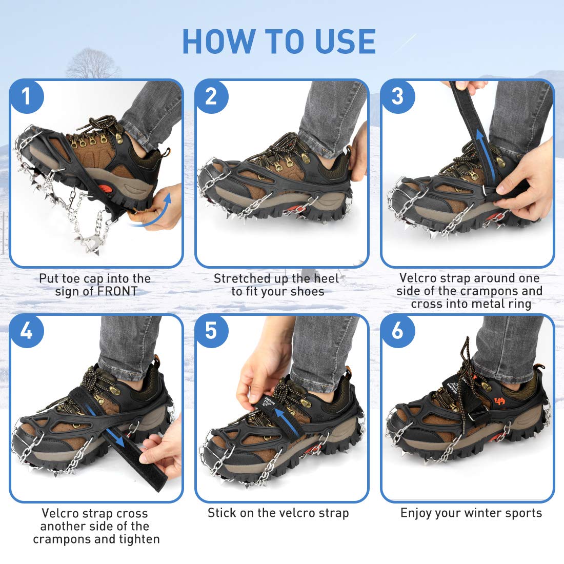 Traction Cleats Ice Snow Grips with 20 Stainless Steel Spikes for Walking, Jogging, Climbing, Fishing, and Hiking