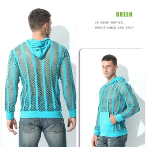 Men's Fishnet Hoodie Shirt Striped Mesh Sheer See Thru Muscle Top Gym Workout Active Shirts Summer Baggy Loose Tee Shirts Blue - Long Sleeve X-Large