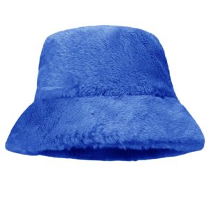 Women Plush Fluffy Bucket Hat Warm Lining Winter Faux Fur Cozy Wide Brim Winter (Royal Blue)