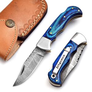 forgemen fm807 pocket knife, folding clip damascus handmade custom for men cool good camping hunting fishing & s activities edc knives leather sheath knife., blue (blue)