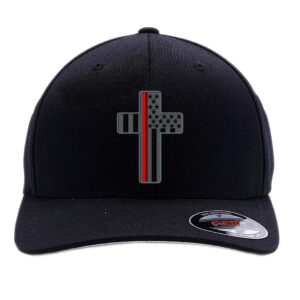 firefighter thin red line hereos cross/thin blue line heroes cross american flag custom embroidered flexfit hat (black, l/xl)