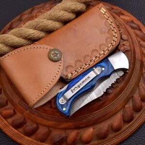 Forgemen FM807 Pocket knife, Folding Clip Damascus Handmade Custom for Men Cool Good Camping Hunting Fishing & s Activities EDC Knives Leather Sheath Knife., Blue (Blue)