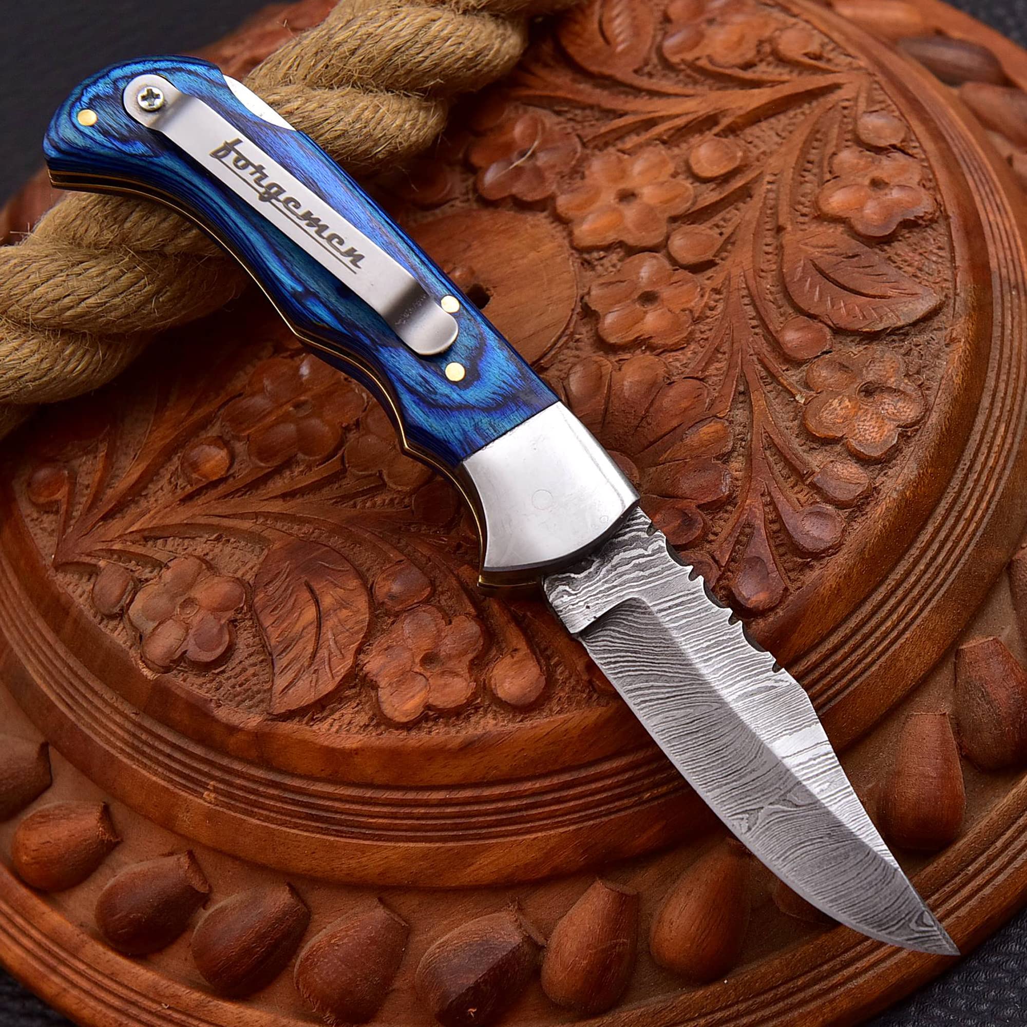 Forgemen FM807 Pocket knife, Folding Clip Damascus Handmade Custom for Men Cool Good Camping Hunting Fishing & s Activities EDC Knives Leather Sheath Knife., Blue (Blue)