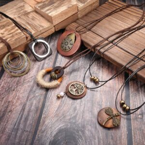 SAILIMUE 6Pcs Long Pendant Necklaces for Women Boho Vintage Wood Fall Sweater Necklaces Set Statement Feather Dragonfly Peace Sign Y Necklace Hippie Handmade Fashion Jewelry Accessories