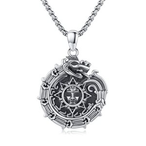 aututer aztec ouroboros necklace sterling silver sun god necklace round pendant aztec jewelry for men women halloween christmas jewelry gifts