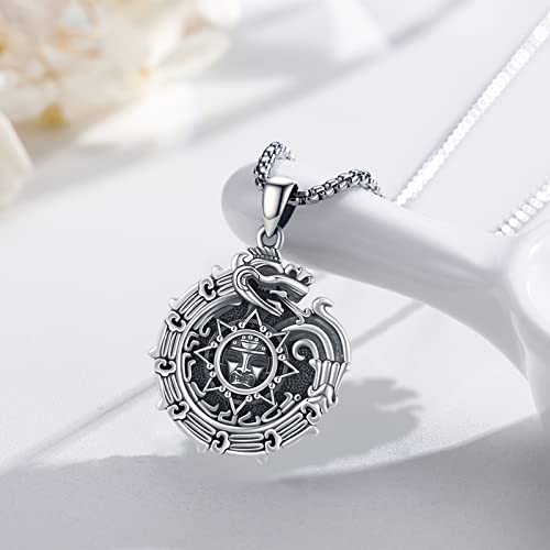 Aututer Aztec Ouroboros Necklace Sterling Silver Sun God Necklace Round Pendant Aztec Jewelry for Men Women Halloween Christmas Jewelry Gifts