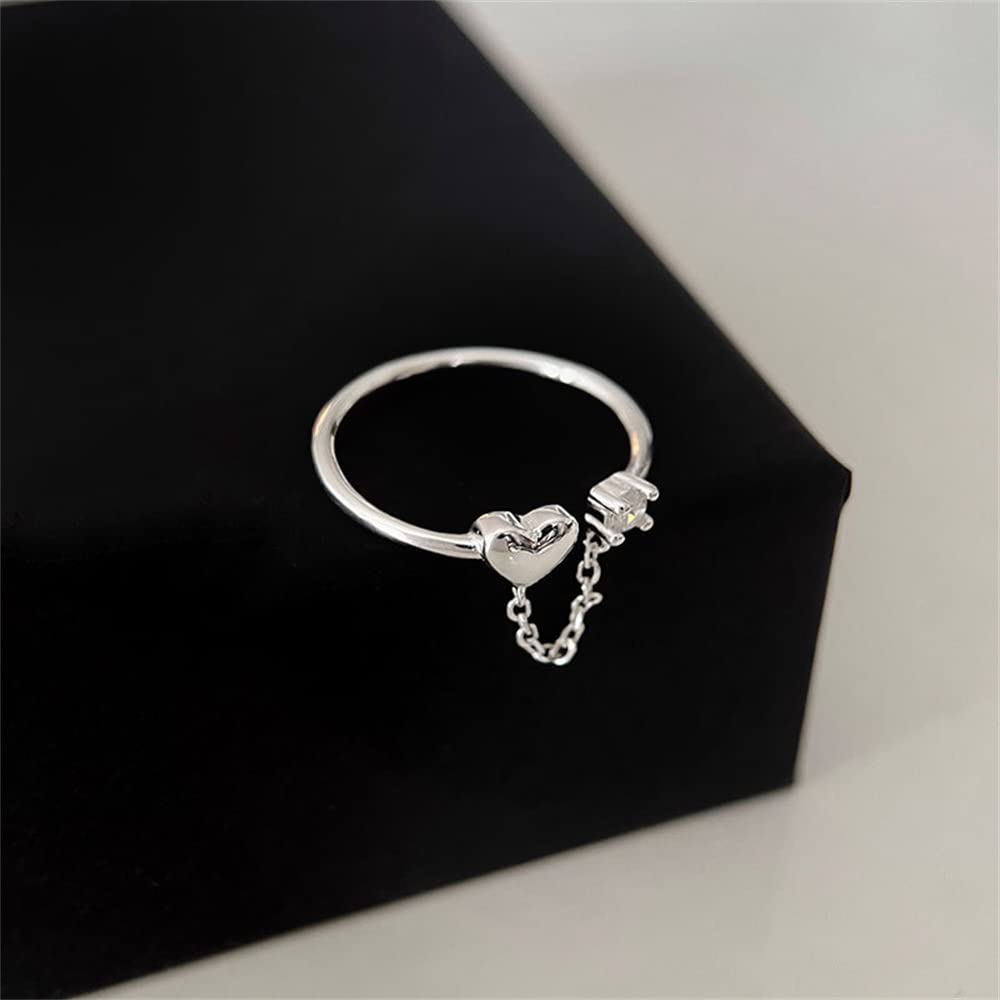 CZ Heart Eternity 925 Sterling Silver Ring for Women Girls Love Statement Engagement Promise Adjustable Open Band Diamond Chain Drop Dangle Rings Comfort Fit Wedding Valentine Jewelry Gifts