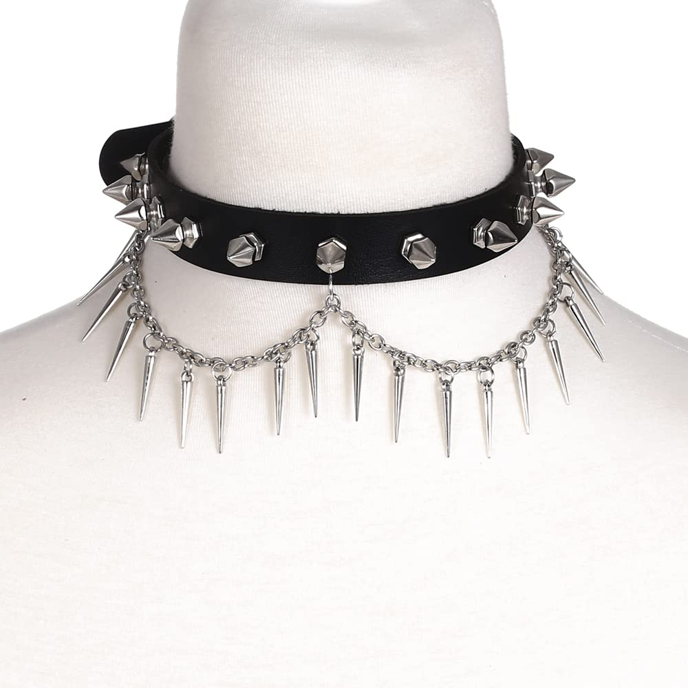 FNQUFUJ Punk Spiked Choker Necklace For Women Men Leather Collar Spikey Chain Studded Chocker Goth Jewelry Halloween Cosplay Accessories (black)